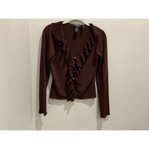 Cabo Brown chocolate Ruffle Cardigan‎ Button Front Long Sleeve Women's M